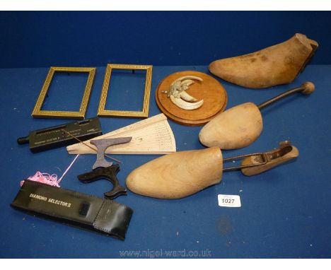 A quantity of miscellaneous wooden shoe lasts, wooden plaque with metal oak leaves and boars teeth, mounted.