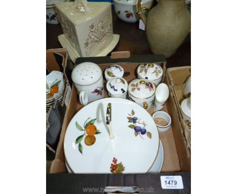 A quantity of Royal Worcester Evesham china including a cake plate, two jam pots with lids and trefoil serving dish.