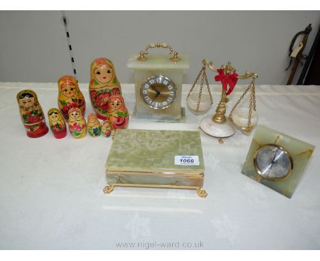 A green onyx Azizoff clock, trinket box (lid a/f, two Russian Matryoshka dolls, etc.
