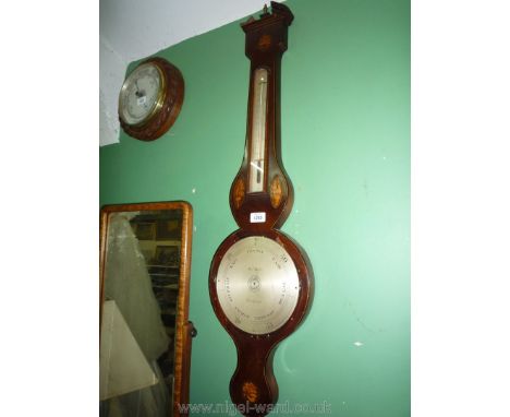 A Banjo Barometer/thermometer in Walnut with shell inlaid detail, lacking hands and glass/bezel, pediment a/f, 38 3/4'' long 