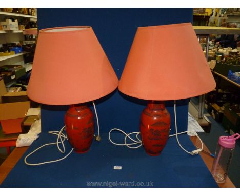 A pair of oriental ceramic Table Lamps in terracotta shade glaze with pagoda garden scene in blue, with matching shades, 23''