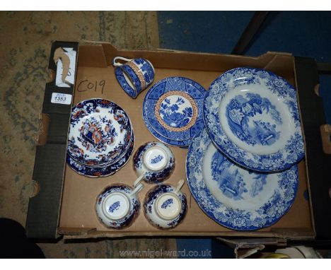 A quantity of china including Gaudy Welsh cups, saucers and tea plate, Alfred Meakin trio and two Ironstone blue and white pl