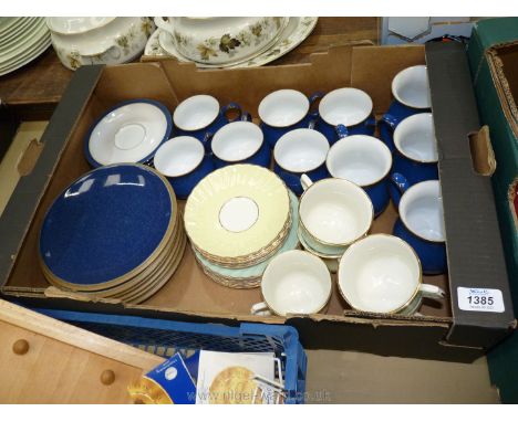 A quantity of Denby Imperial Blue china including cups/mugs &amp; saucers and tea plates, and an Old Foley part Tea-set consi