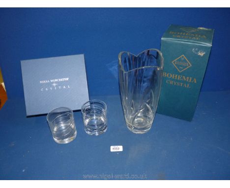 A Bohemia glass vase with tulip design, boxed and a boxed set of two Royal Worcester whisky tumblers