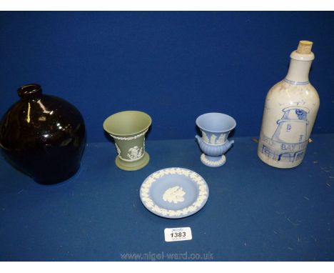 Three pieces of Wedgwood Jasperware including small vases and a trinket dish, pottery lamp base and a Sole Bay Inn pottery bo