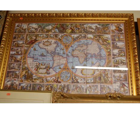 A reproduction display of printed tiles, depicting historical travellers and a globe, all in gilt composition frame, max. dim