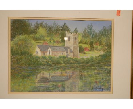 Joan Cawley - St Just-in-Roseland Church, Cornwall, pastel; and B R Linklater - Fine Art Trade Guild lithograph (2)