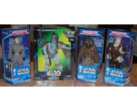 Four boxed as-issued Star Wars by Hasbro and Kenner action figures, to include; Boba Fett electronic figure, Zuckuss, Denga, 