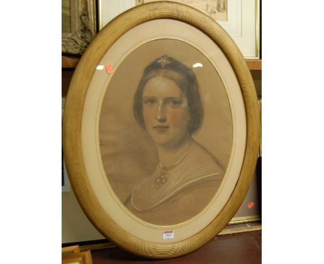 Late 19th century English school - Bust portrait of a girl, pastel, framed as an oval, 50 x 38cm