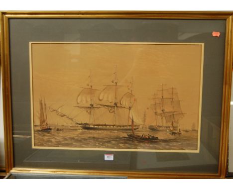 Tall ships in a Harbour, 19th century colour mezzotint, 37 x 59cm