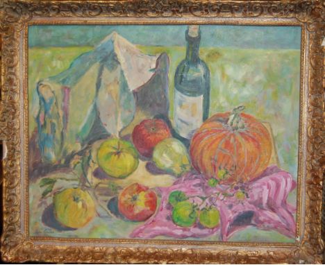 Ann Gunn - Still life with fruit, oil; a framed lithograph of flowers; and four various pressed flower pictures (6)