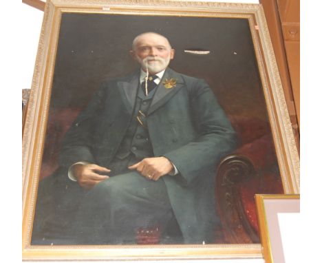 19th century English school - Three-quarter length portrait study of a seated banker, oil on canvas (a/f), 110 x 85cm