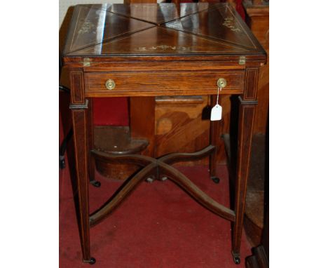 A Sheraton Revival rosewood and inlaid envelope card table, each section with Arabasque influenced penwork ivory and satinwoo