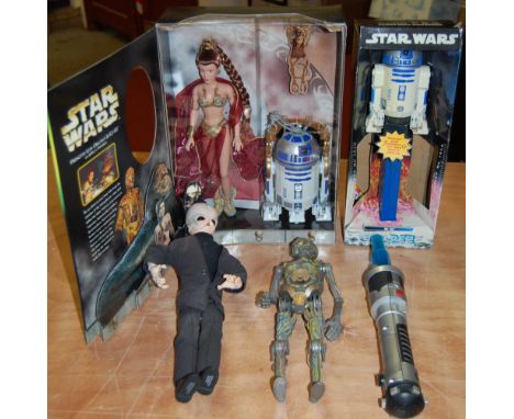A collection of Star Wars related collectables, to include; Princess Leia and R2D2 action figure set by Hasbro, giant R2D2 ca