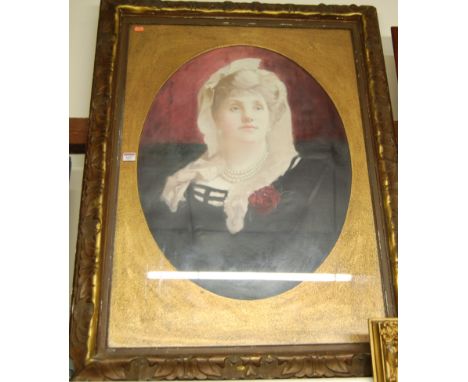 English school - Bust portrait of a maiden wearing a pearl necklace, oil on canvas, framed as an oval, 73 x 55cm