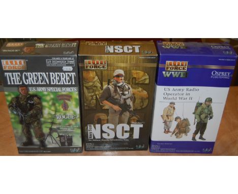 Three boxed as-issued Elite Force 1:6 scale fully articulated collectable figurines, to include; The Green Beret US Army Spec