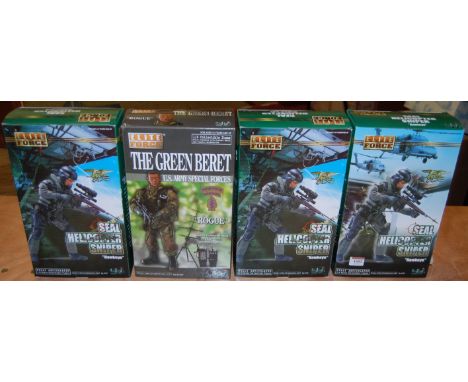 Four boxed as-issued 1:6 scale Elite Force collectable figurines, to include; three boxed SEAL helicopter sniper Hawk-Eyes, a