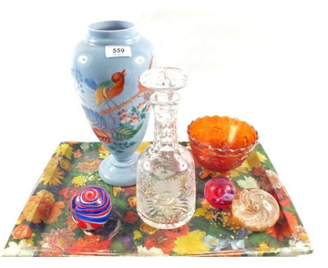 A cut glass decanter, Victorian opal glass vase, carnival bowl and paperweights