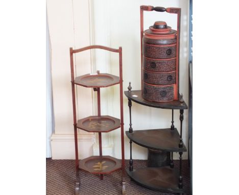 A Japanese lacquer folding cakestand, Burmese tiered boxes and a corner shelf