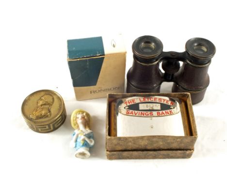 A pair of opera binoculars, Ronson lighter, reproduction Nelson snuff box etc
