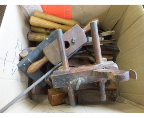 A plough plane and various woodworking tools