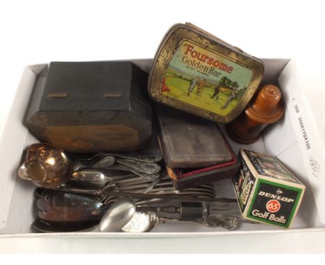 A Horn handled toddy ladle with inset Georgian coin, various cutlery, two Lowestoft boxes, (one Mauchline), a miniature firep