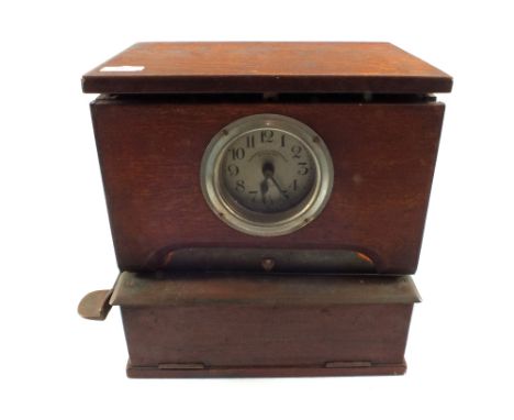 An Oak cased time clock by the Recorder, Supply and Maintenance Co. and cards