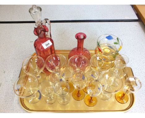 Victorian Cranberry decanter and carafe and other glass
