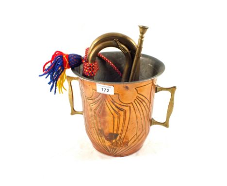 An Art Nouveau Copper ice bucket and Brass bugle