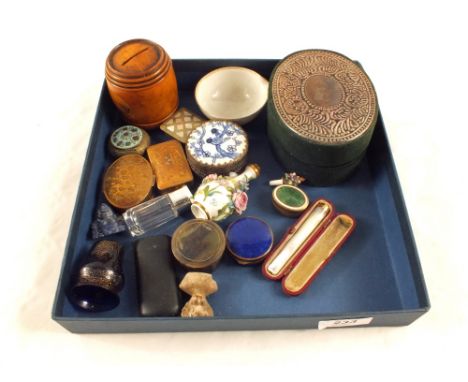 A treen money box, porcelain scent bottle and enamel boxes etc