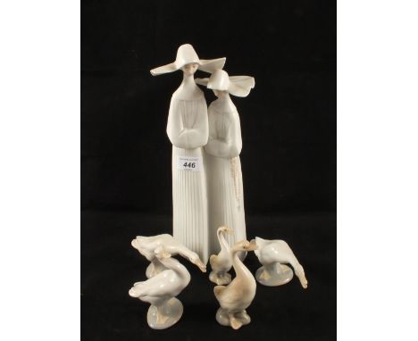A Lladro two woman group and five geese