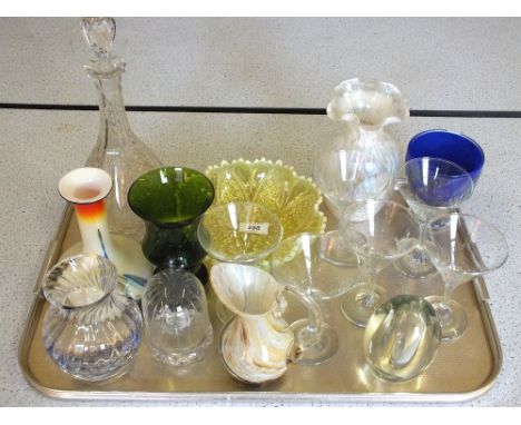 A cut glass decanter, vaseline glass bowl and other glassware