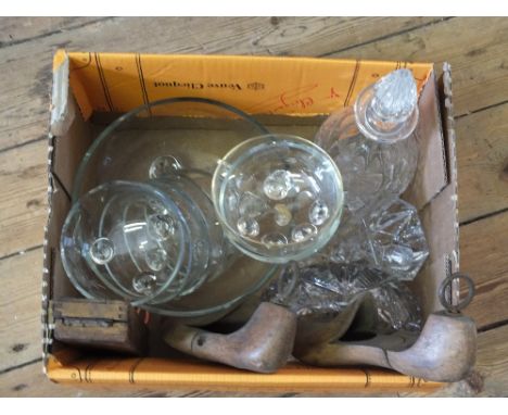 Various items including glass decanter, shoe lasts etc