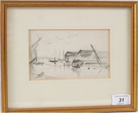 Thomas Churchyard (1798-1865), pencil sketch “Boats in Dock, Woodbridge”, 3 ¾” x 6 ¼”.  Provenance Harold Day, Bicentenary Ex