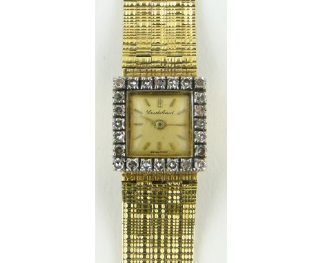 A lady's Bueche Jirod 18ct gold cocktail wristwatch,
the square dial having a diamond set surround, gross weight 43g.