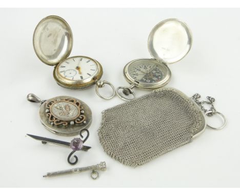 A Victorian silver and gold locket,
silver pocket compass, silver pocket watch, etc., (6).