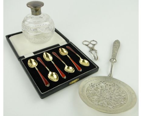 Quantity of silver items,
including  a continental serving spoon with pierced blade marked 84, set of silver and enamel coffe