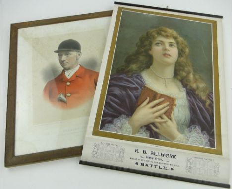 A coloured print of Charles Orvis,
huntsman to the East Sussex fox hounds 1889, framed and a 1905 calendar - R B Allwork, fam