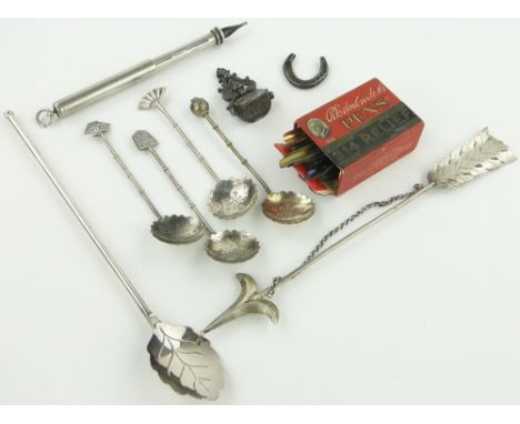 Box of various items,
including a 19th century steel swivel seal, arrow design hatpin, combination dip pen/pencil, etc.