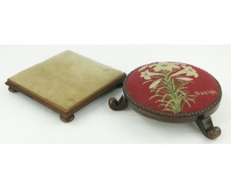 Antique oak footstool
with later tapestry top and a square carved footstool, 11.5" across.