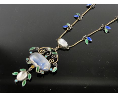 A 15ct gold moonstone and enamel pendant and chain circa 1910,
with leaf and scroll settings, pendant length from top moonsto