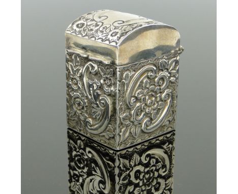 A miniature Edwardian silver dome top playing card case,
with allover relief acanthus designs containing a miniature set of p