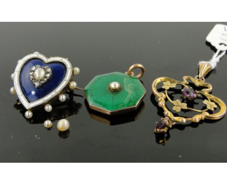 A Victorian unmarked gold heart shaped enamel pendant/brooch set with diamonds and pearls,
height 20mm together with a green 