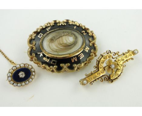 3 various Victorian gold brooches,
including a small diamond, pearl and enamel brooch, (3).
