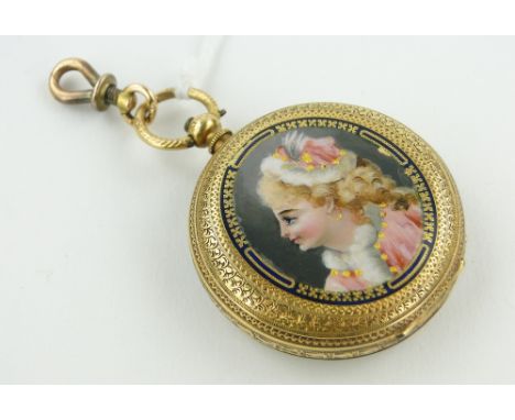 A 19th century Swiss 18ct gold fob watch,
the outer case having a painted enamel panel depicting a portrait of a young woman,