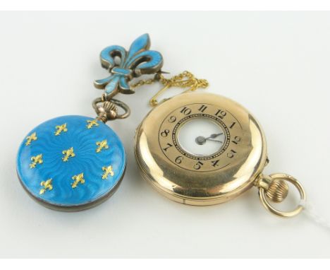 A 19th century gilt and blue enamel pendant watch,
on matching enamel fleur de lys design pendant, length 65mm together with 
