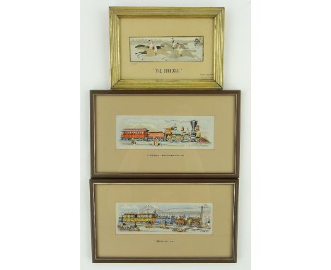 Pair of Cashs woven pictures,
early railway engines, framed, length 12.25" overall and a Stevengraph "The Struggle," (3).