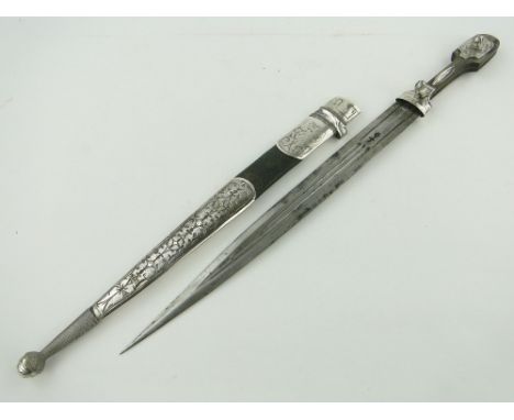 A Kindjal dagger
with engraved white metal mounts and horn hilt, 21.5".