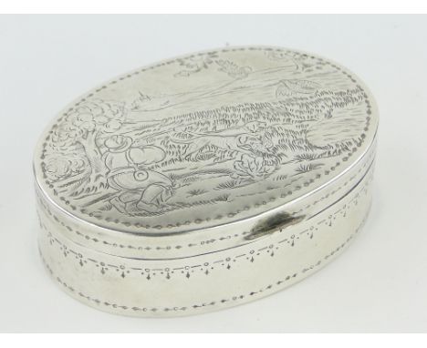 A continental oval silver snuff box,
the lid decorated with an engraved shooting scene, continental hallmarks, 9.5cm across.