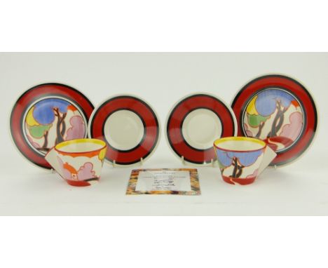 A pair of Wedgwood Clarice Cliff "Blue Autumn" conical teacup, saucers and side plates,
277 and 278/500, boxed.